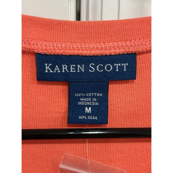 Karen Scott Short Sleeve Henley Top Rose Coral Sz Medium Cotton Essential NWT - Picture 4 of 9